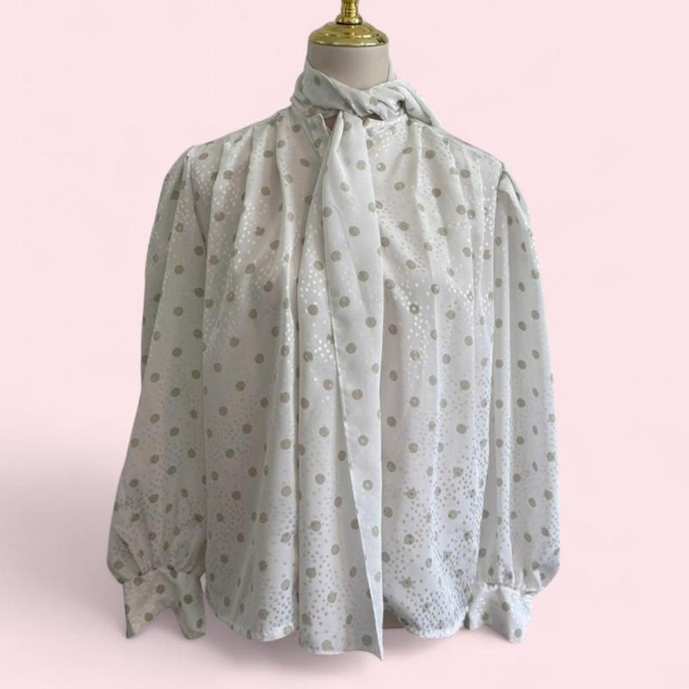 Vintage JH Collectibles White Polka Dot‎ Tie-Neck Blouse — Size 8